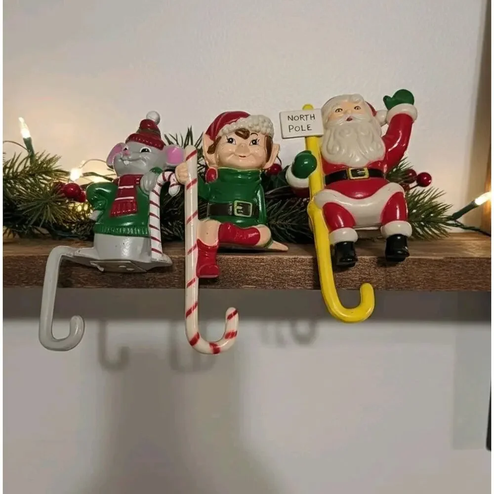 Vtg 70s Lot Hard Plastic Shelf Sitters Santa Mouse Elf Hong Kong Stocking Holder